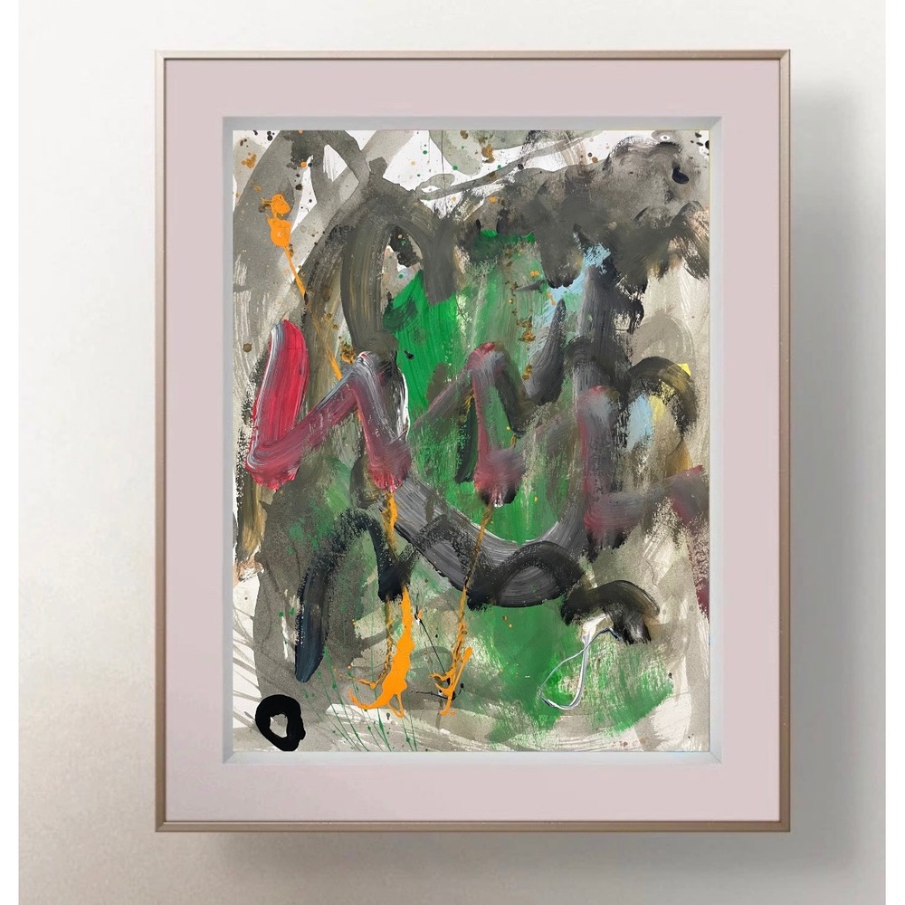 OMAN Original Abstract Painting Green Red Spiritual Expressionist Art 8.5x11